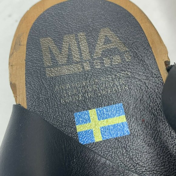 MIA Black Leather Wood Swedish Clogs Rubber Lug Soles EU 38 - Picture 7 of 10